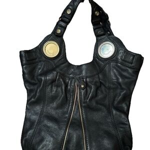 Gustto Black Leather Slouchy Hobo Tote Gold Hardware